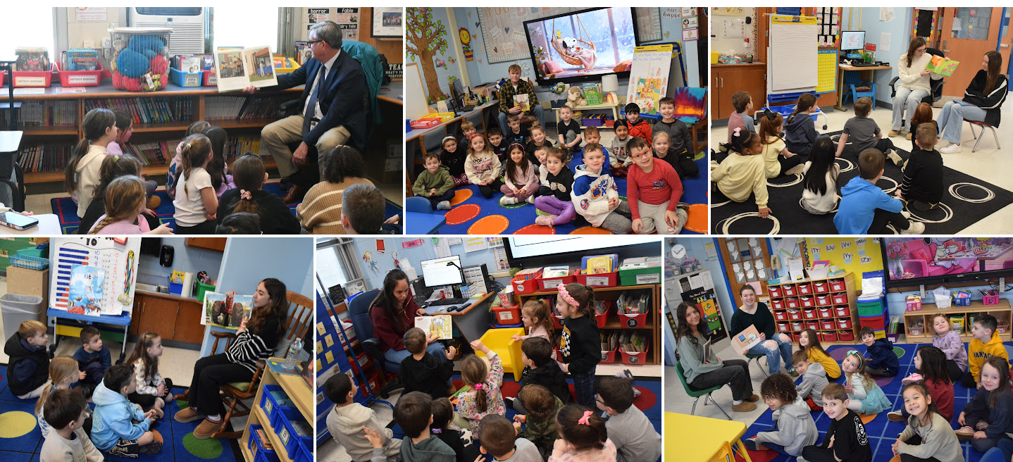group of photos of person reading books to children sitting on carpet